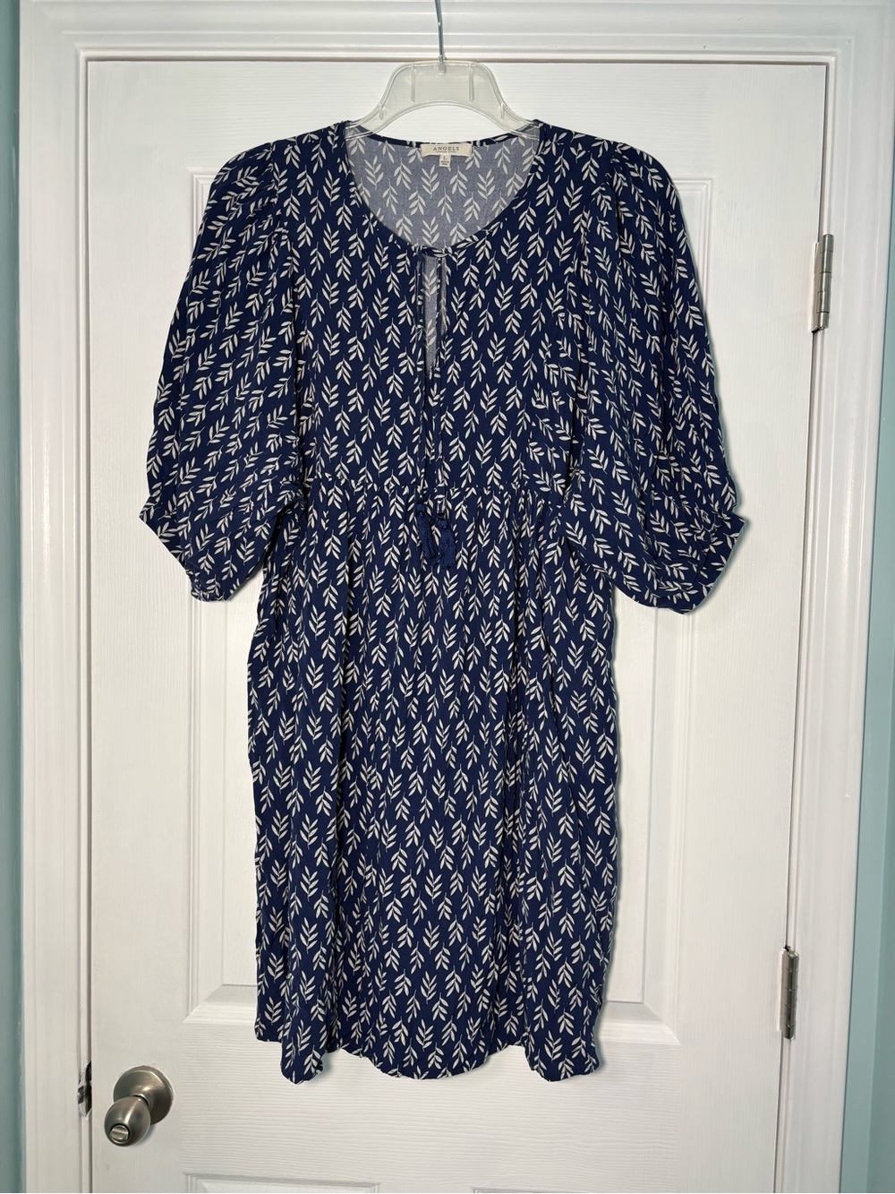 Women's Navy Leaf-Print Midi Dress with Tie Neck